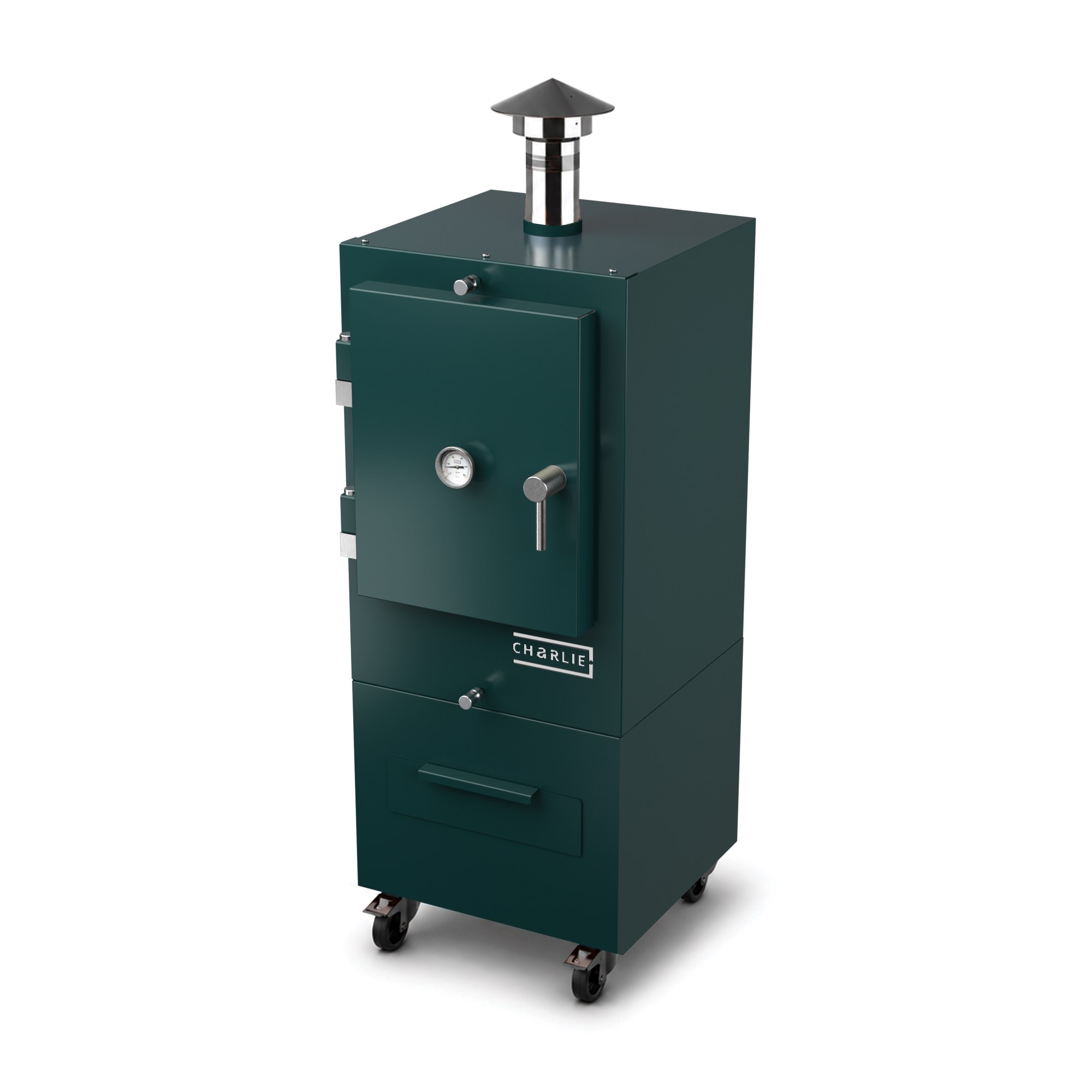 Charlie Charcoal Oven in agave green, angled view with the door closed 
