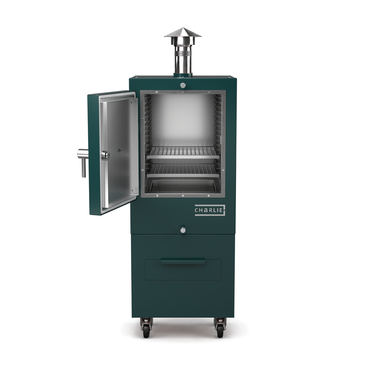 Charlie Charcoal Oven in agave green, front view with the door open showing the cooking chamber 