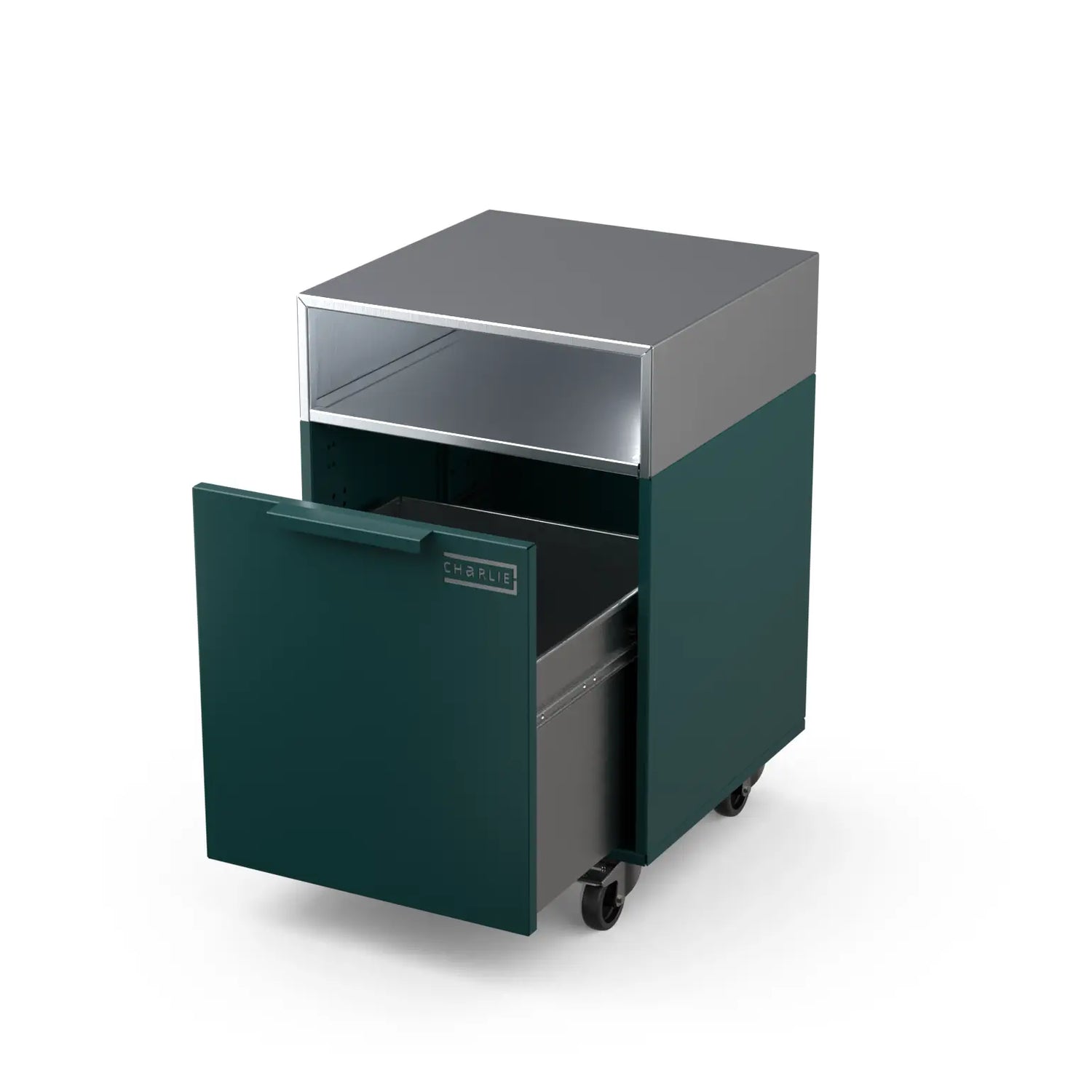 Drawer Cabinet in agave green with the drawer open, showing storage space