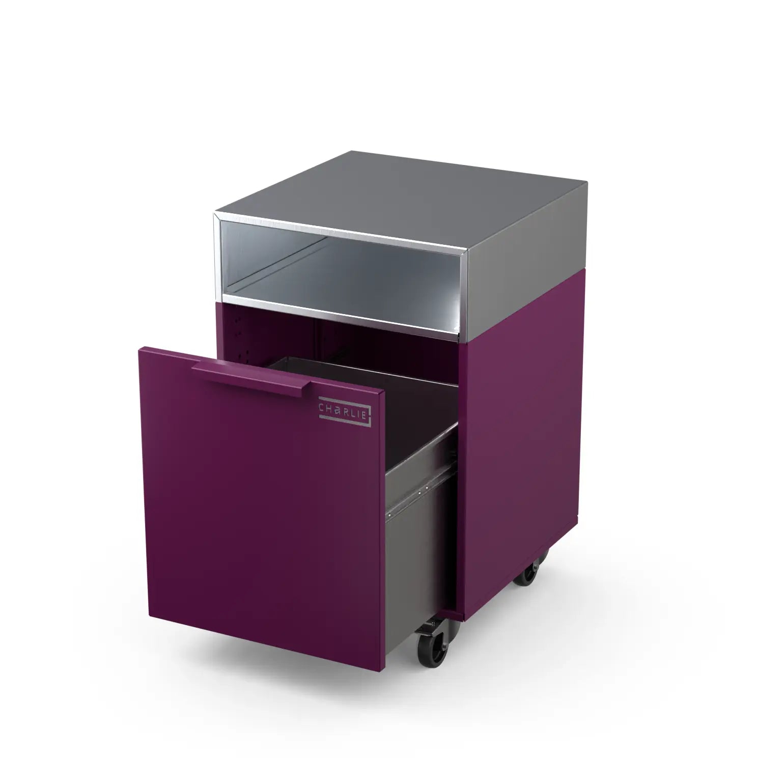 Drawer Cabinet in beetroot red with the drawer pulled open