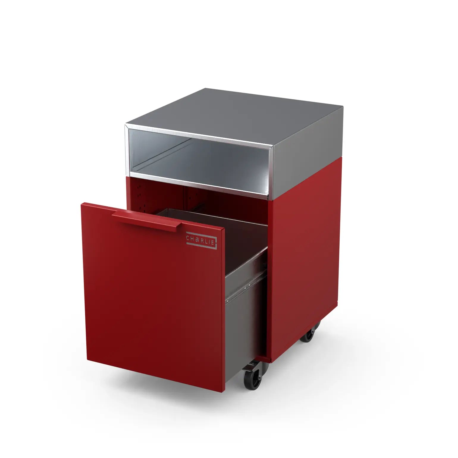 Drawer Cabinet in dark cherry with the drawer open, showing interior