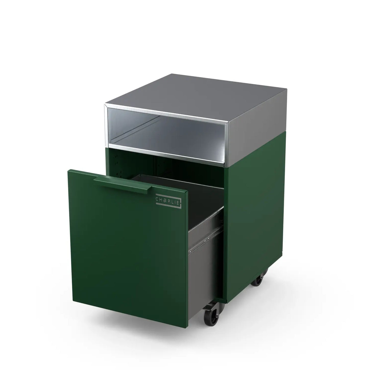 Drawer Cabinet in green chilli with the drawer pulled open
