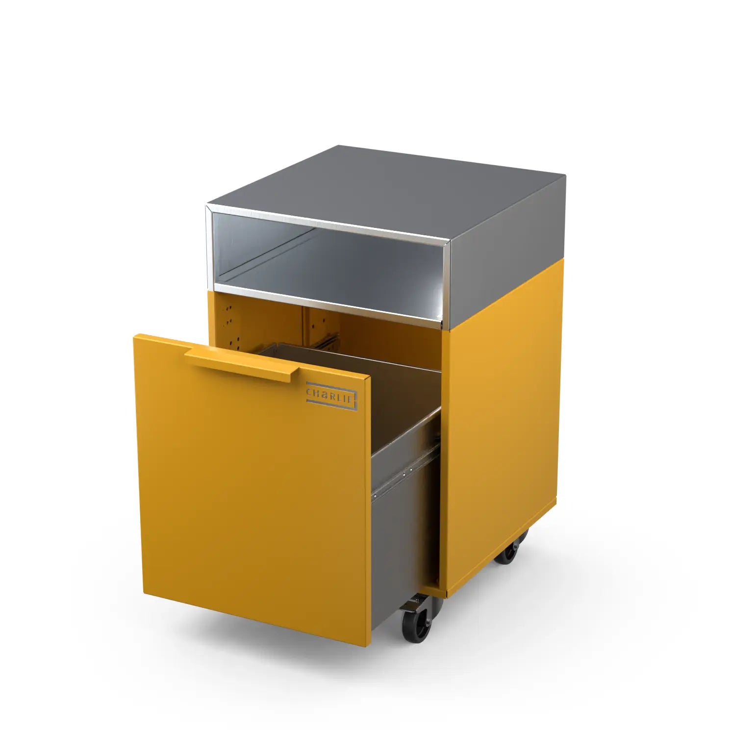 Drawer Cabinet in honeycomb with the drawer open, showing storage space