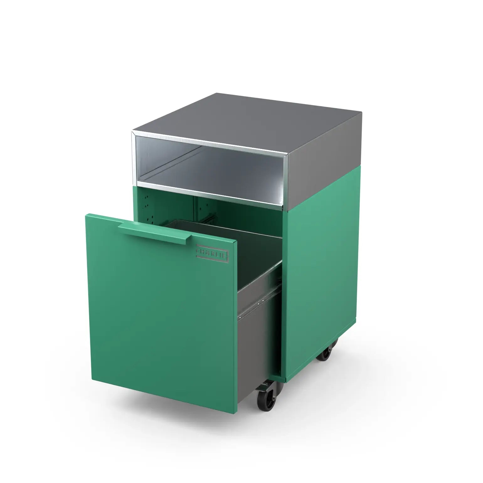 Drawer Cabinet in oregano green with the drawer pulled open