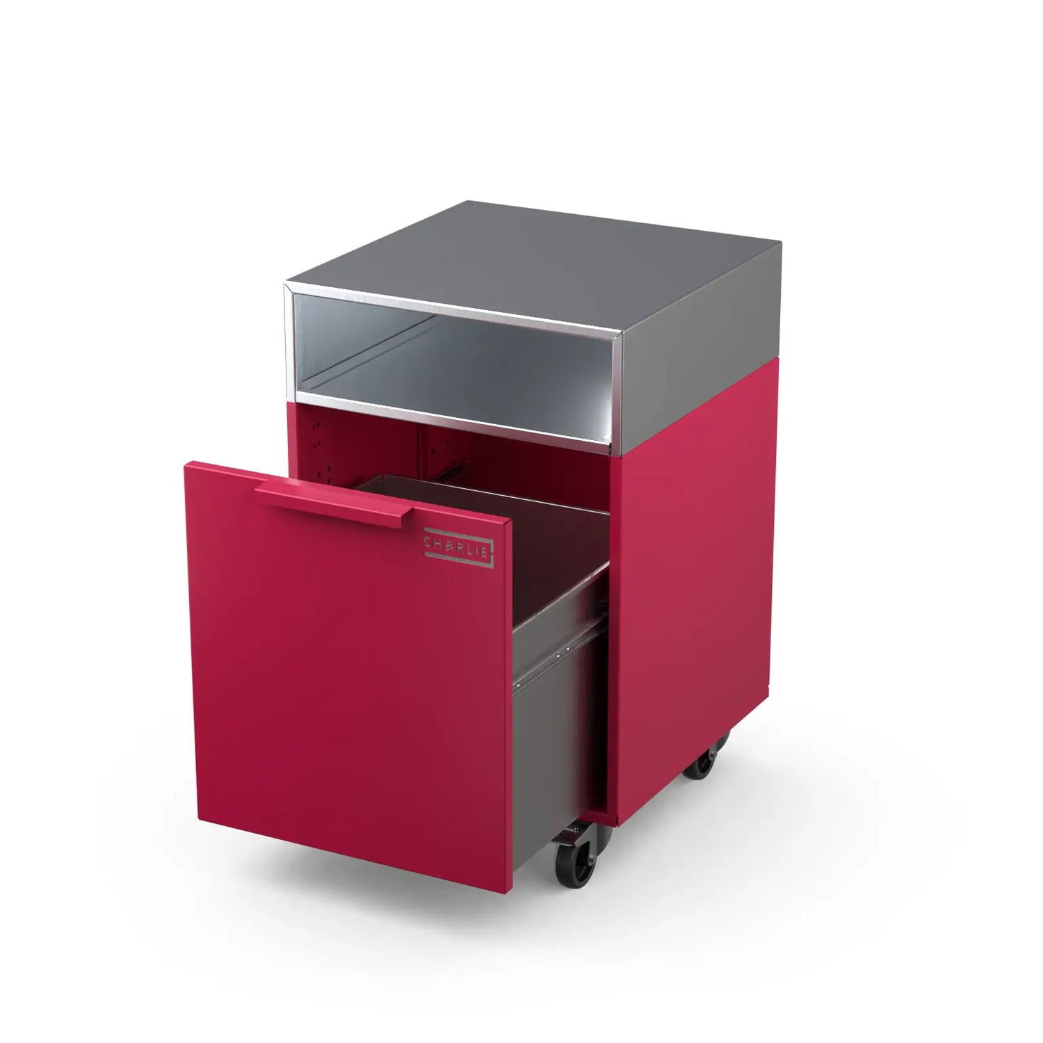 Drawer Cabinet in rhubarb pink with the drawer pulled open