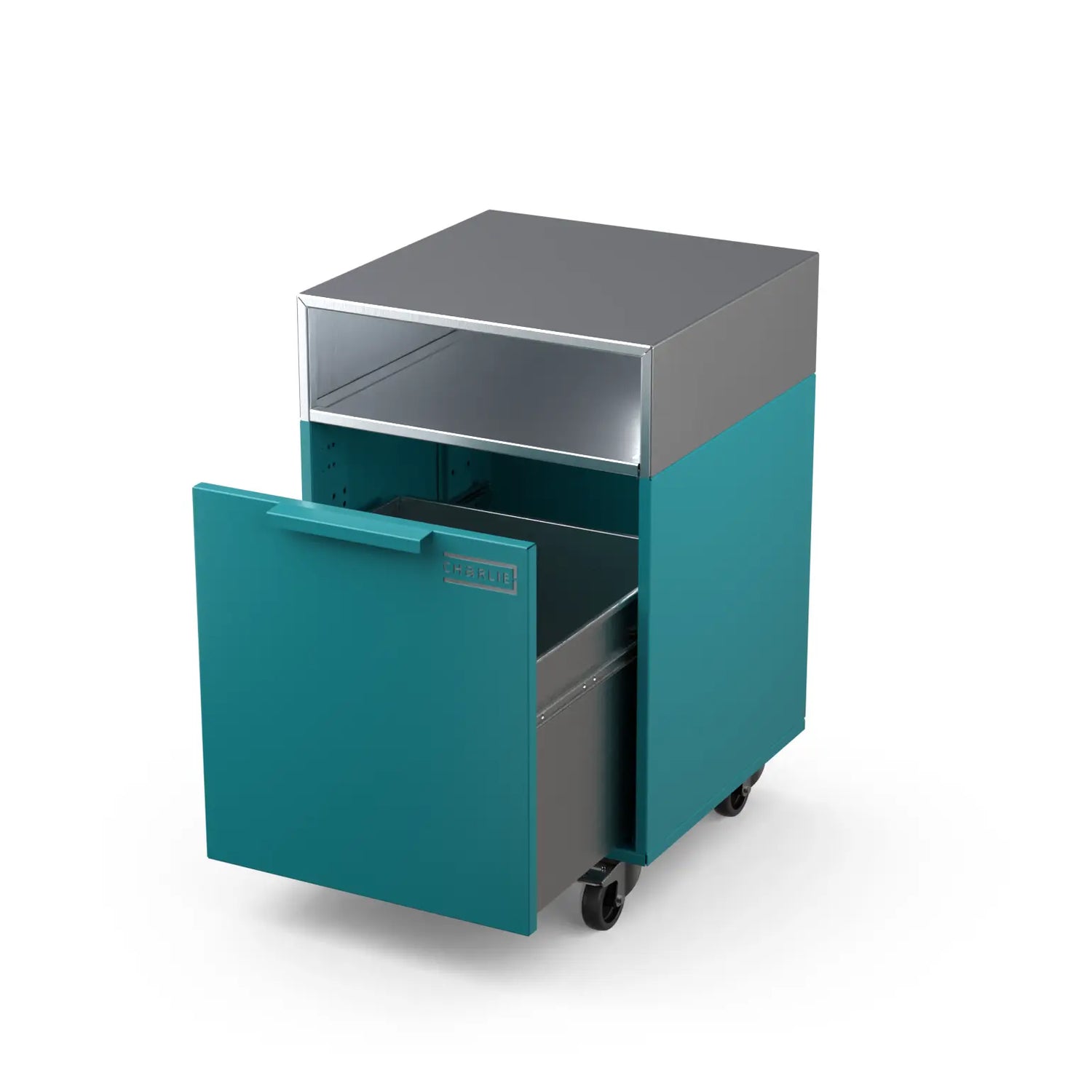 Drawer Cabinet in teal duck blue with the drawer open, showing interior