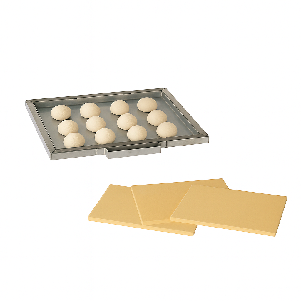 Baking tray with dough balls and three yellow pizza stones on a white background