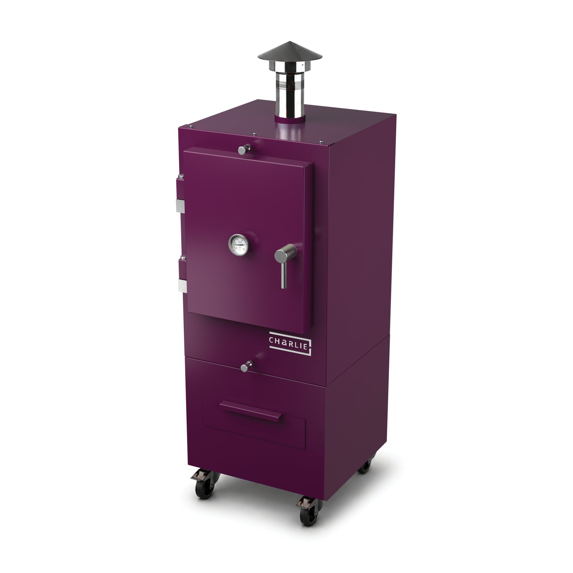 Charlie Charcoal Oven in beetroot red, angled view with the door closed 