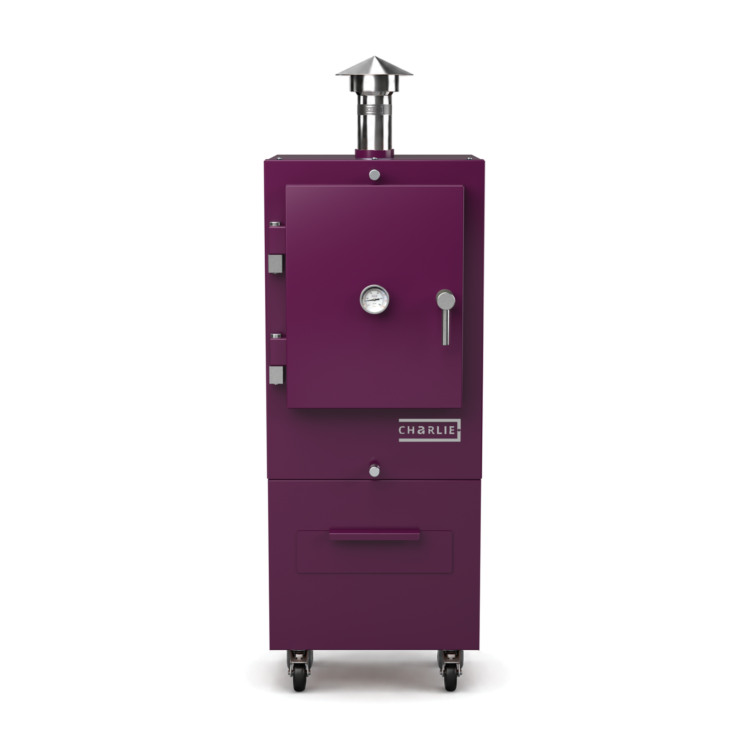 Charlie Charcoal Oven in beetroot red, front view with the door closed 