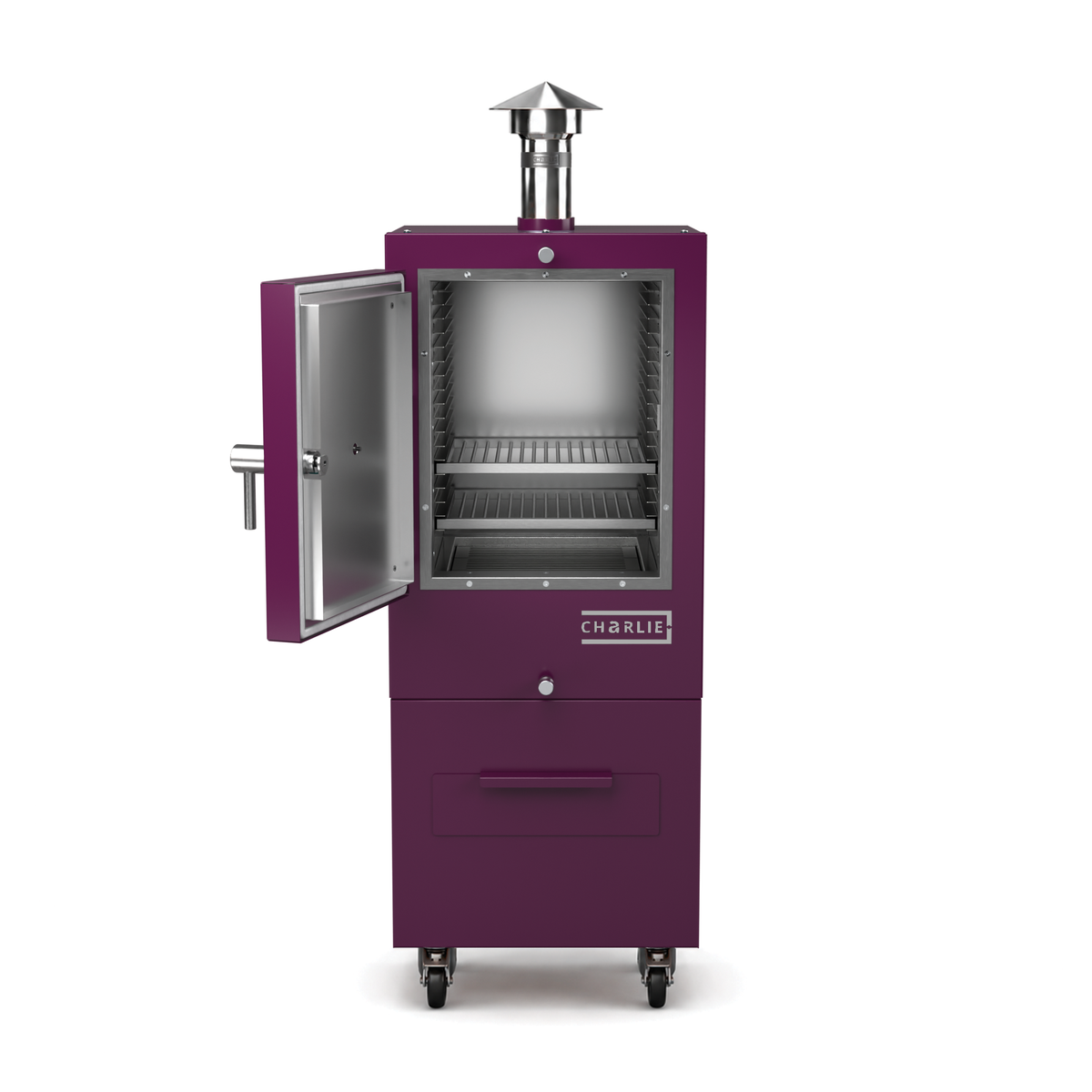Charlie Charcoal Oven in beetroot red, front view with the door open showing the cooking chamber 