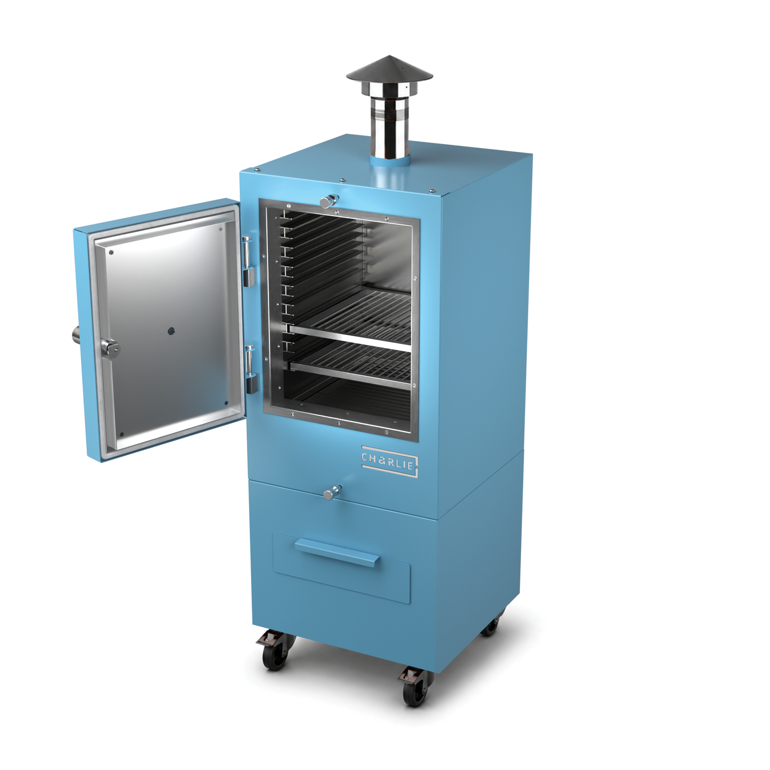 Charlie Charcoal Oven in blue marlin, angled view with the door open 