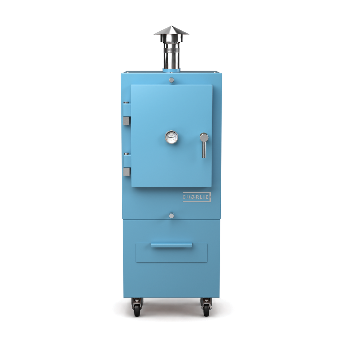 Charlie Charcoal Oven in blue marlin, front view with the door closed 