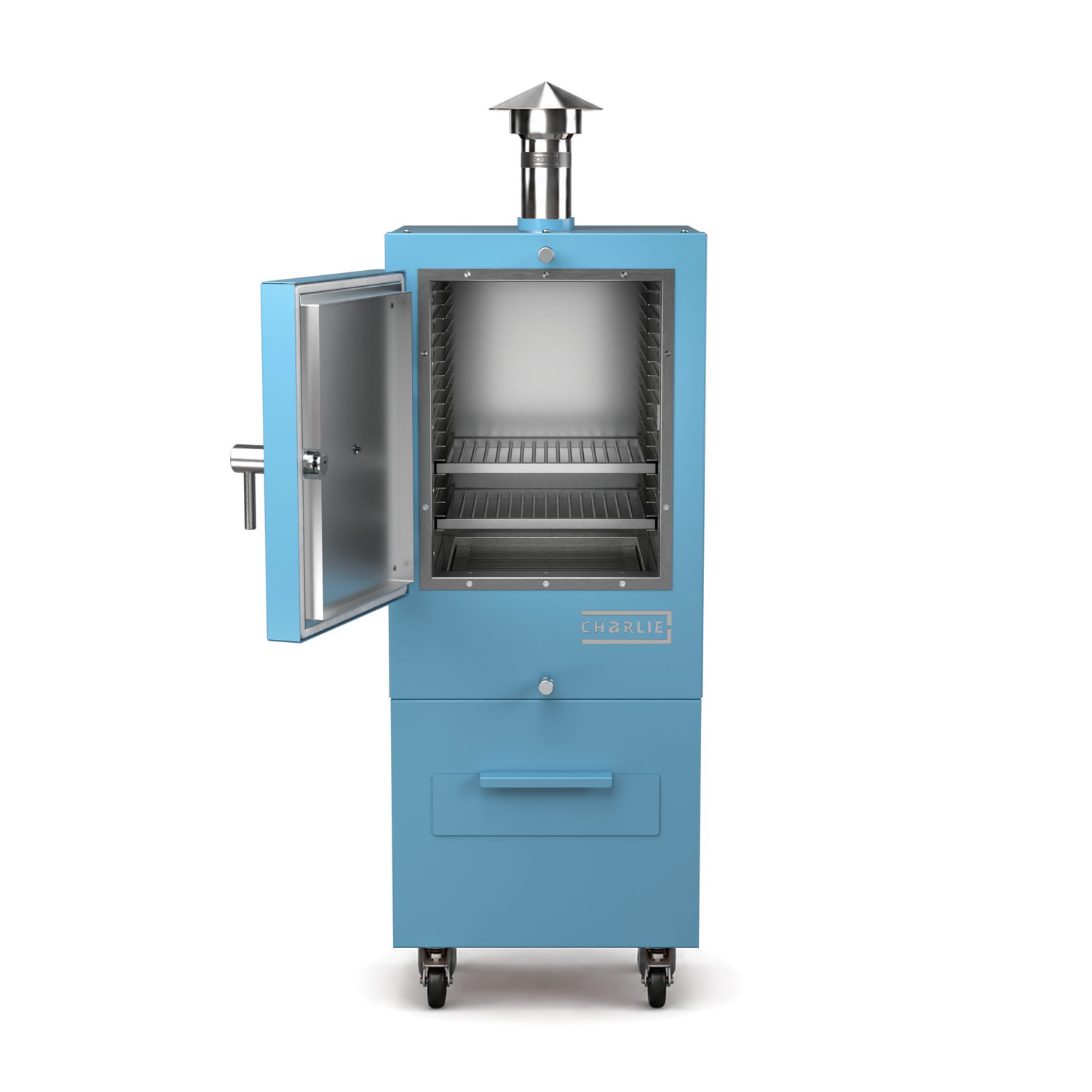 Charlie Charcoal Oven in blue marlin, front view with the door open showing the cooking chamber 