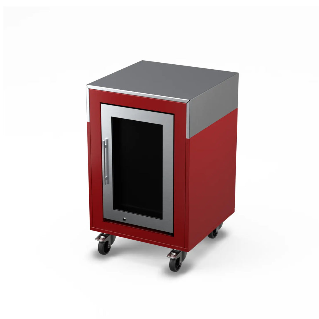 Fridge Cabinet in dark cherry red, three-quarter angle