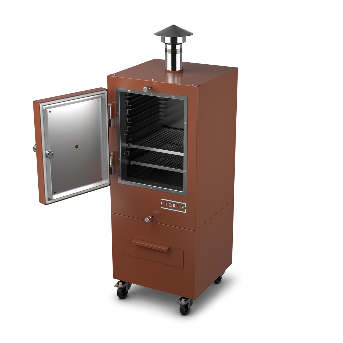 Charlie Charcoal Oven in cinnamon, a coppery orange-brown, angled view with the door open 