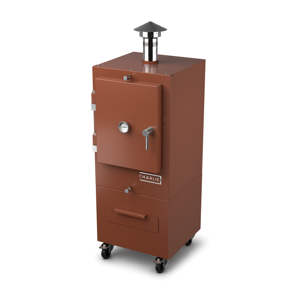 Charlie Charcoal Oven in cinnamon, a coppery orange-brown, angled view with the door closed 
