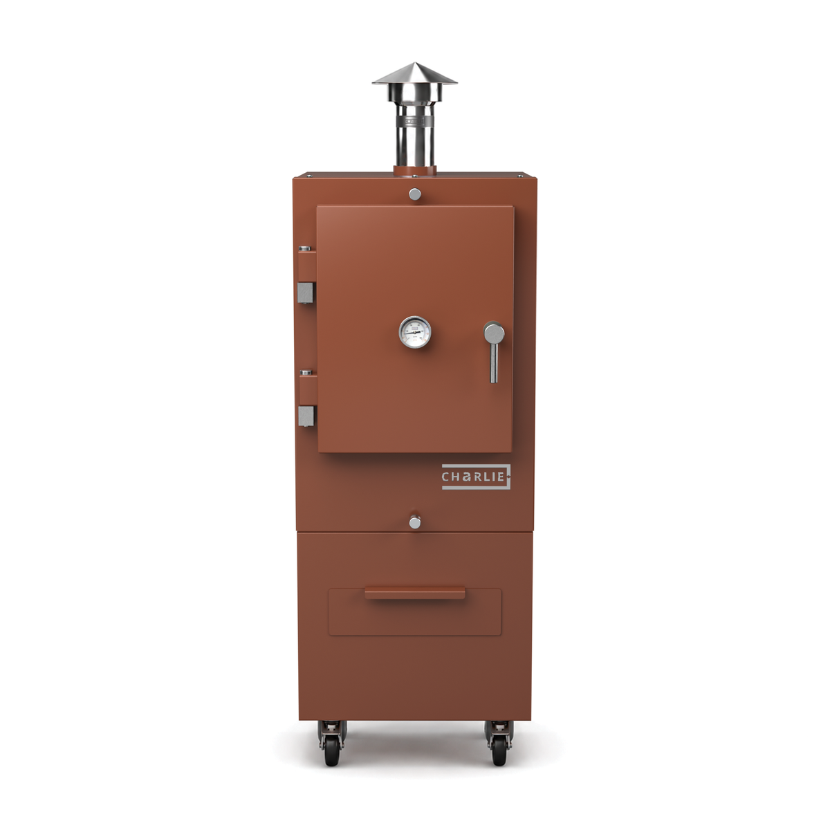 Charlie Charcoal Oven in cinnamon, a coppery orange-brown, front view with the door closed 