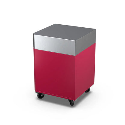 Corner Cabinet in rhubarb pink, angled three-quarter view