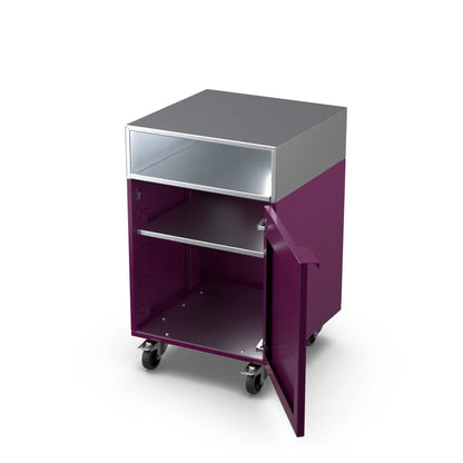 Beetroot red Base Cupboard Cabinet with the door open showing the inner shelf