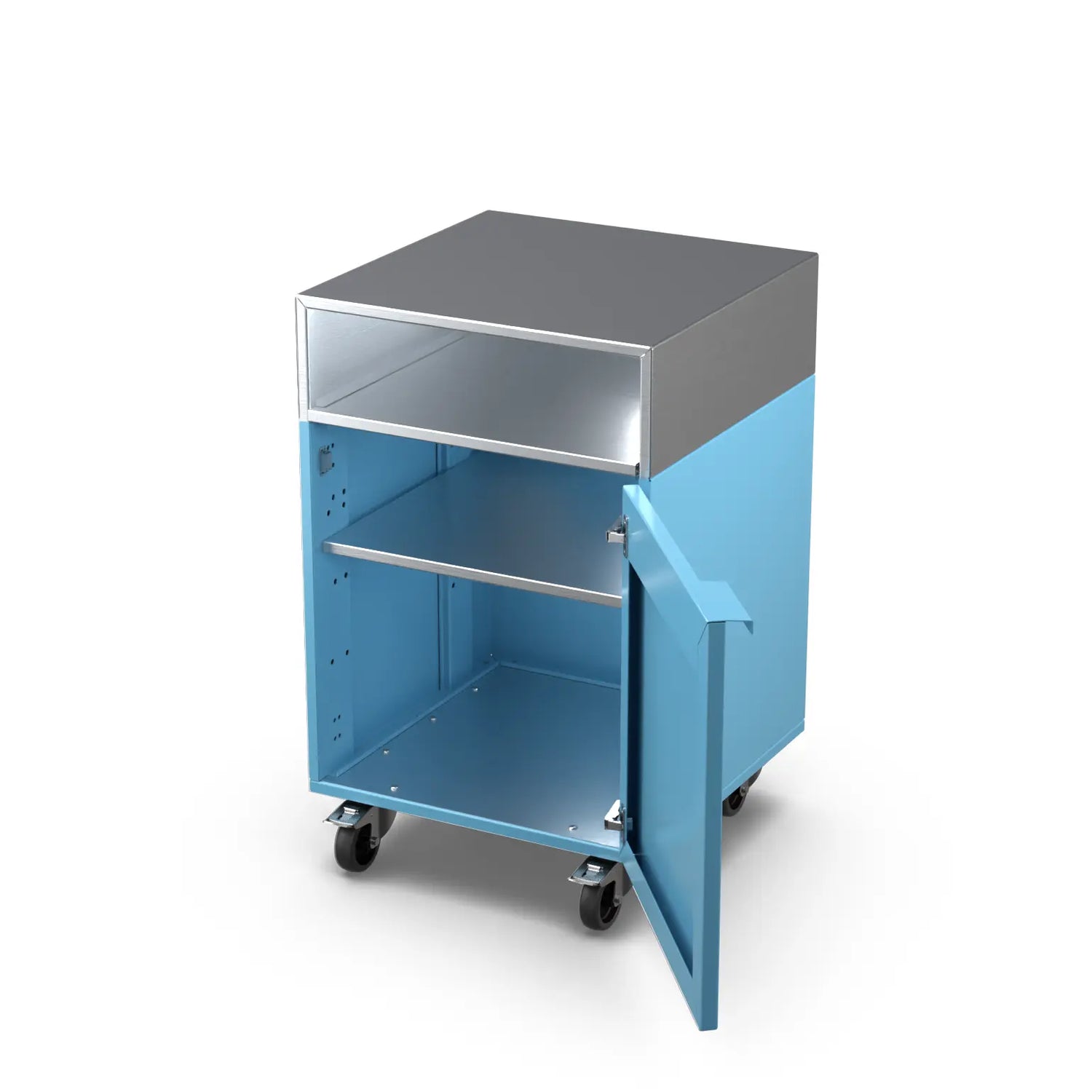 Blue Marlin teal Base Cupboard Cabinet with door open showing the shelf inside