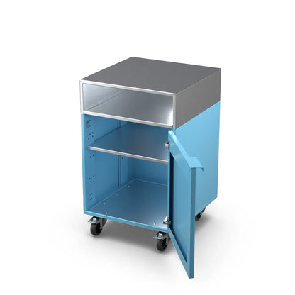 Blue Marlin teal Base Cupboard Cabinet with door open showing the shelf inside