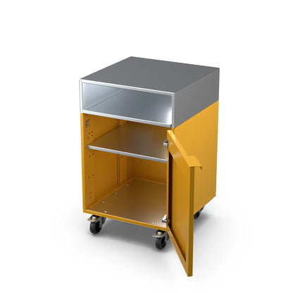 Honeycomb yellow Base Cupboard Cabinet shown with the door open
