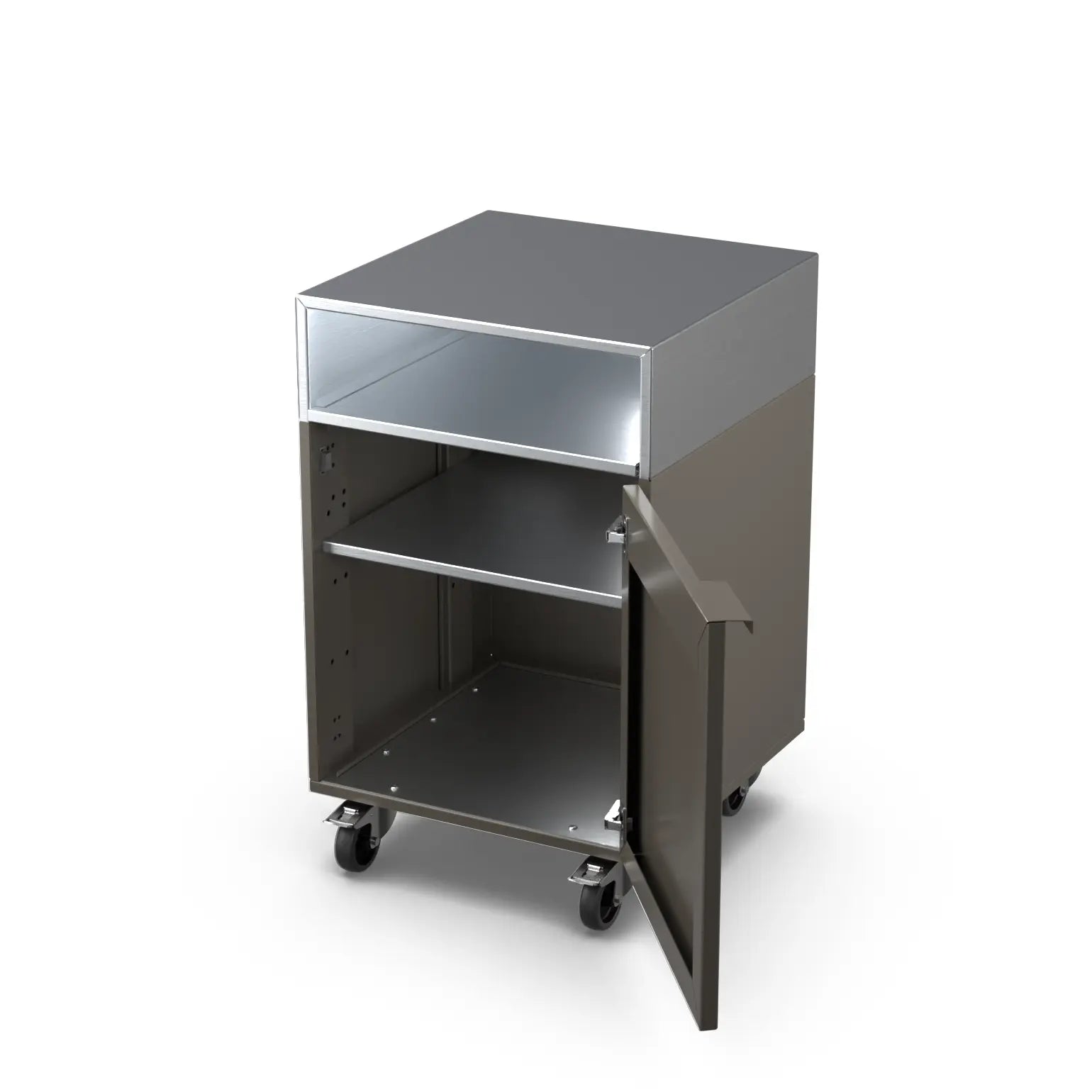 Porcini beige Base Cupboard Cabinet with the door open showing the storage shelf