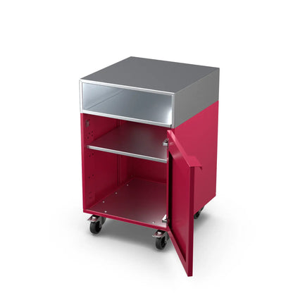 Rhubarb pink Base Cupboard Cabinet with door open revealing the storage shelf