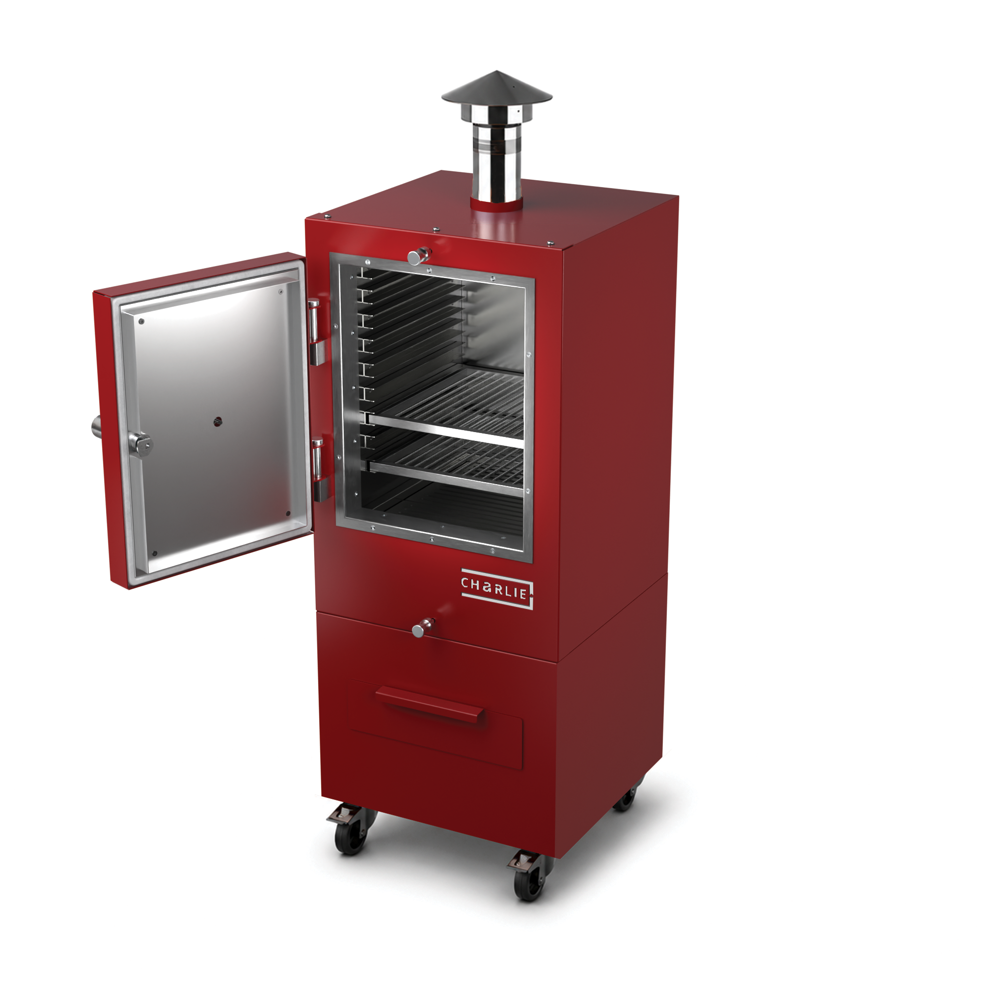 Charlie Charcoal Oven in dark cherry, angled view with the door open 