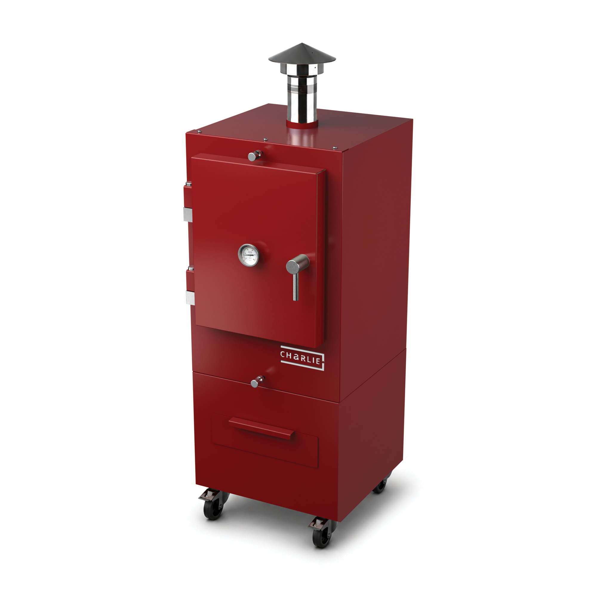 Charlie Charcoal Oven in dark cherry, angled view with the door closed 