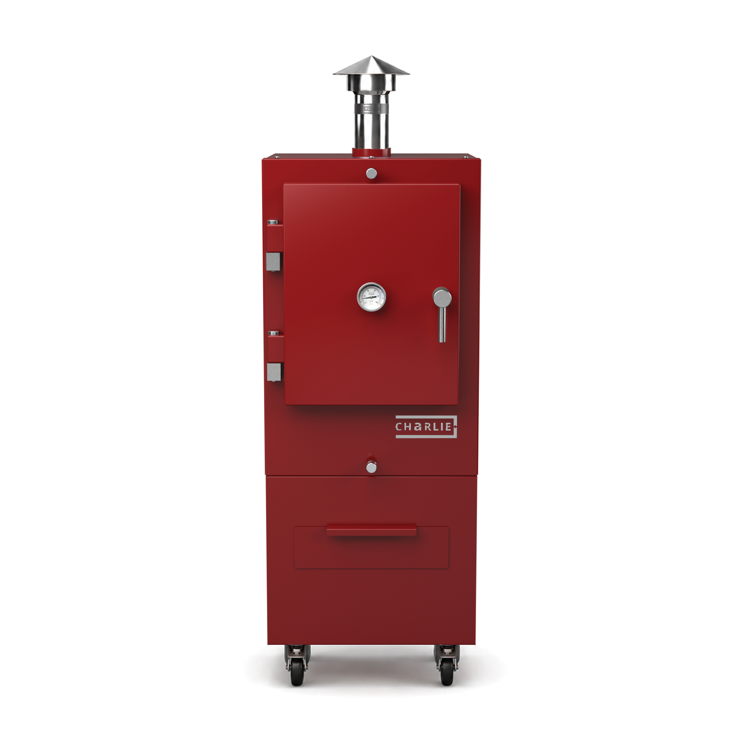 Charlie Charcoal Oven in dark cherry, front view with the door closed 