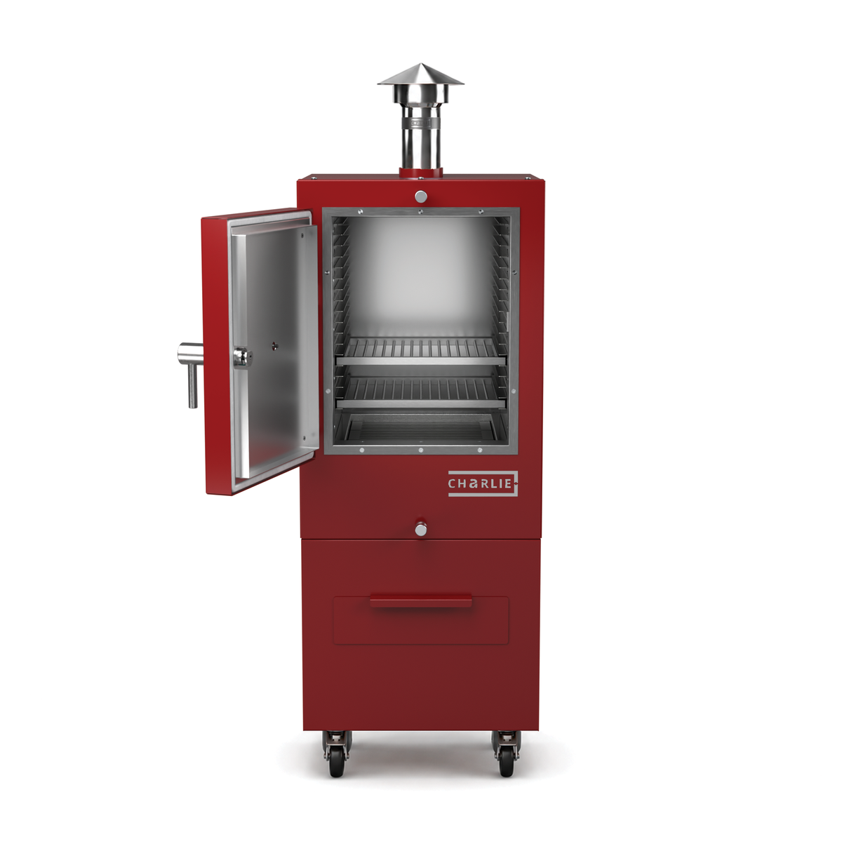 Charlie Charcoal Oven in dark cherry, front view with the door open showing the cooking chamber 