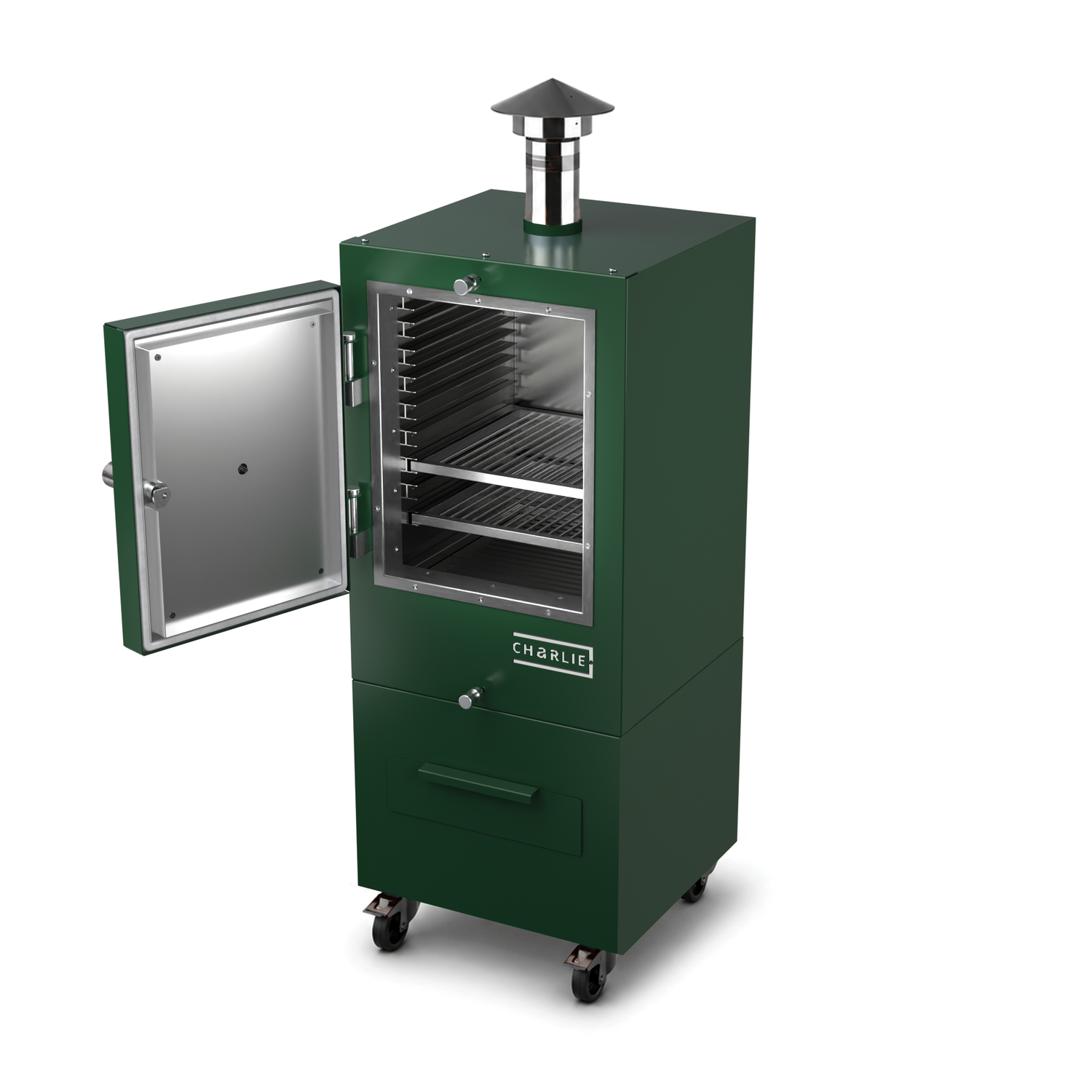 Charlie Charcoal Oven in green chilli, angled view with the door open 