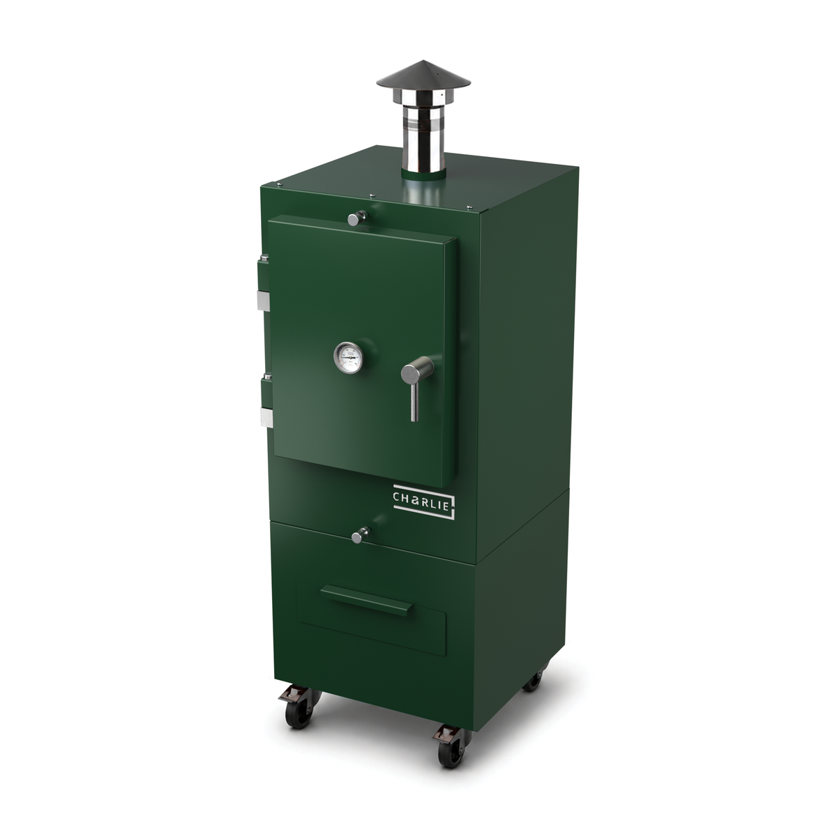 Charlie Charcoal Oven in green chilli, angled view with the door closed 