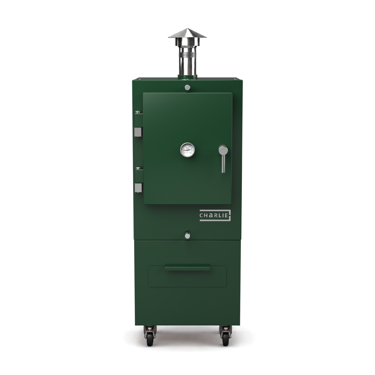 Charlie Charcoal Oven in green chilli, front view with the door closed 
