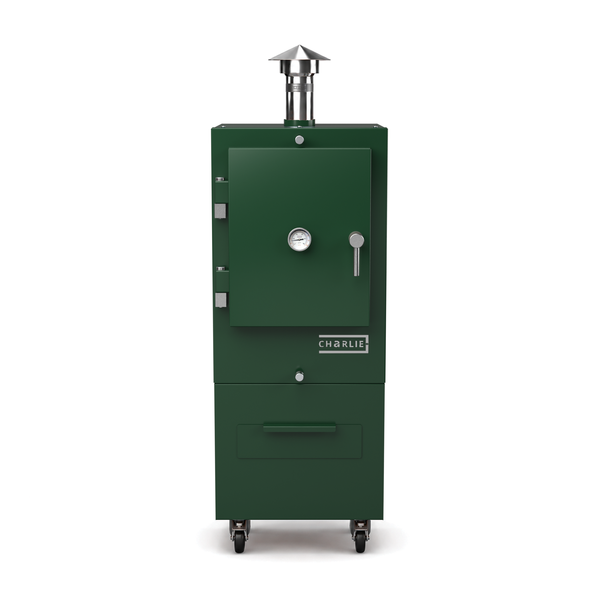 Charlie Charcoal Oven in green chilli, front view with the door closed 