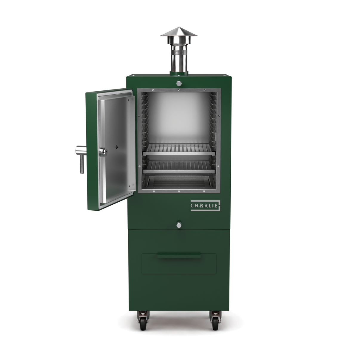 Charlie Charcoal Oven in green chilli, front view with the door open showing the cooking chamber 
