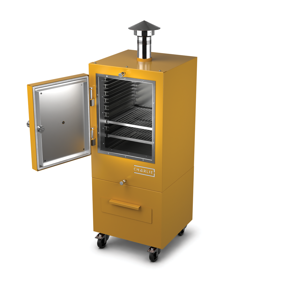Charlie Charcoal Oven in honeycomb yellow, angled view with the door open 