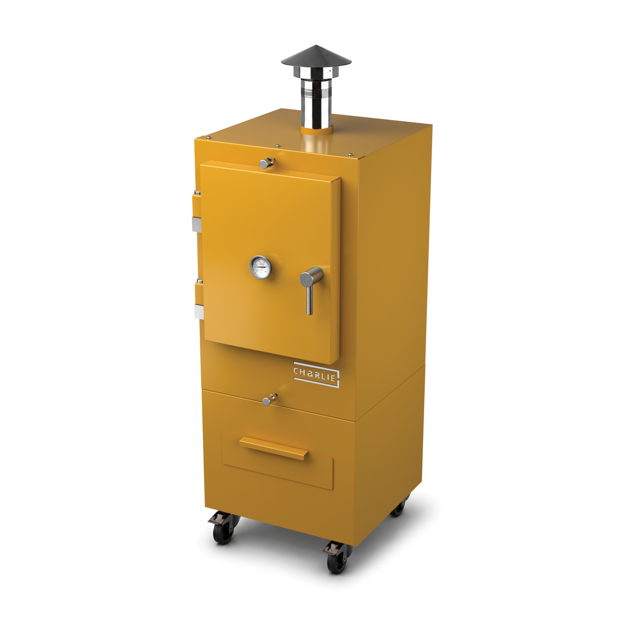 Charlie Charcoal Oven in honeycomb yellow, angled view with the door closed 