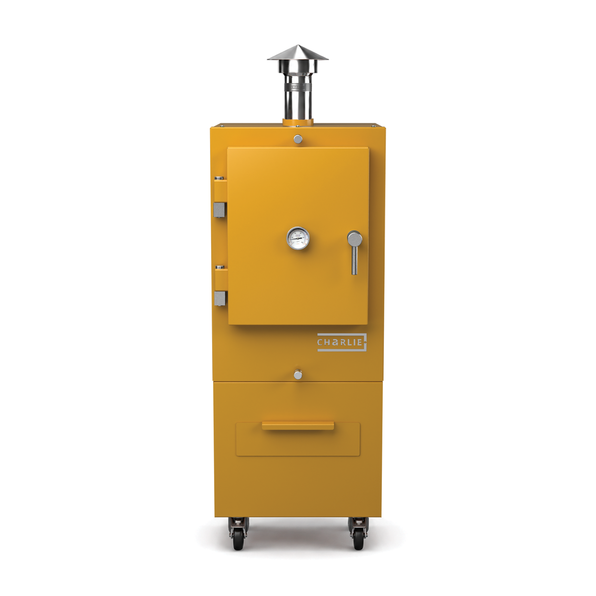 Charlie Charcoal Oven in honeycomb yellow, front view with the door closed 