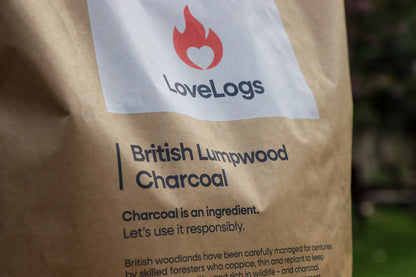 Back of the Love Logs British cherrywood charcoal bag showing product details