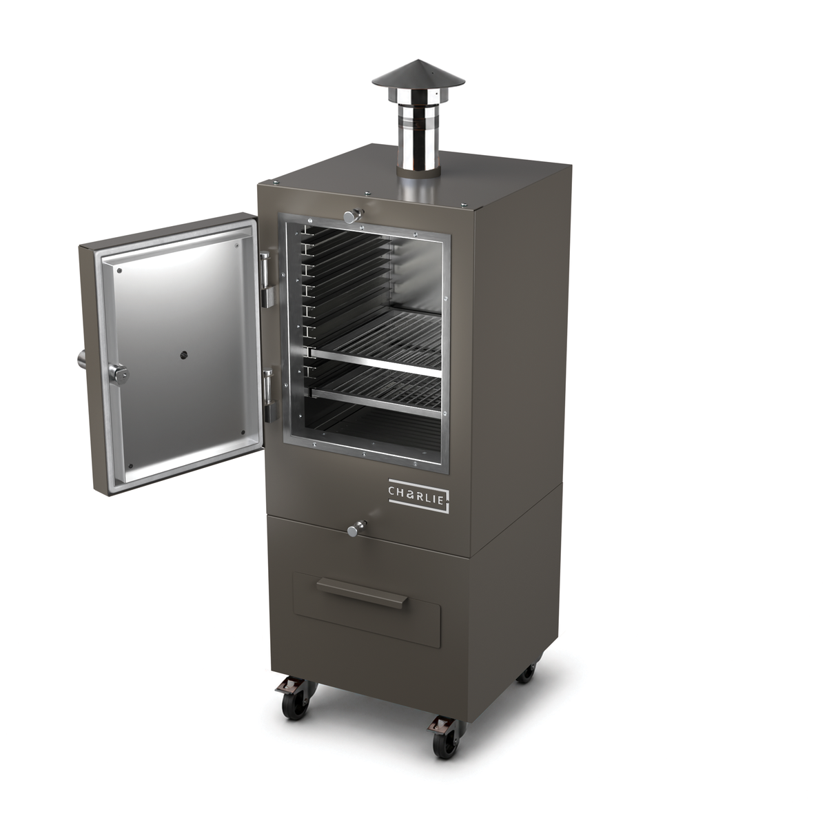Charlie Charcoal Oven in porcini grey, angled view with the door open 