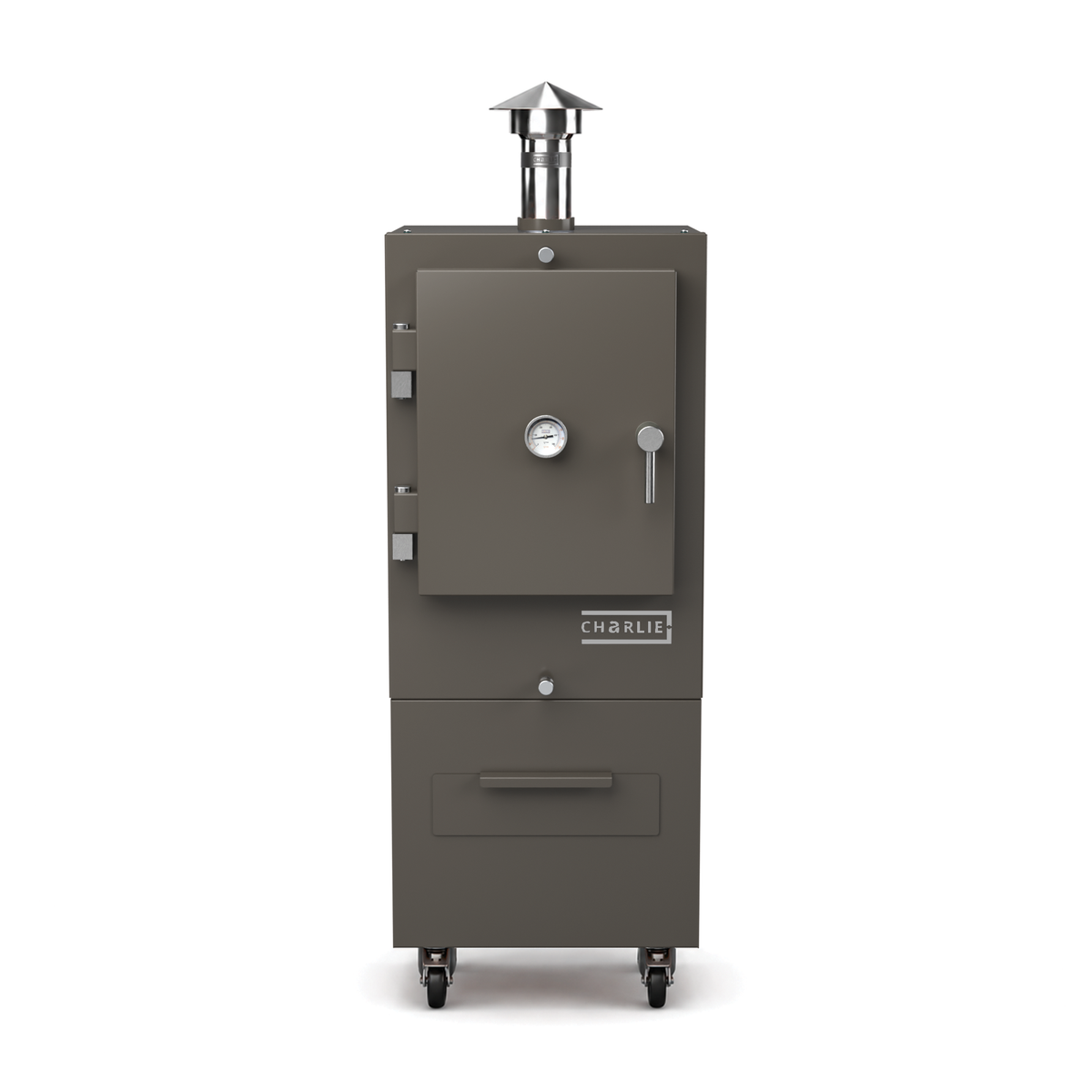 Charlie Charcoal Oven in porcini grey, front view with the door closed 
