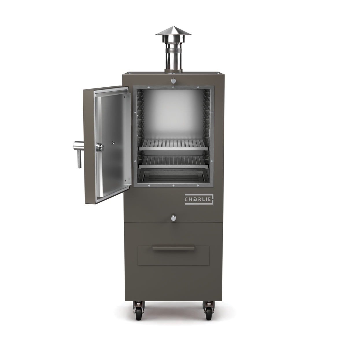 Charlie Charcoal Oven in porcini grey, front view with the door open showing the cooking chamber 