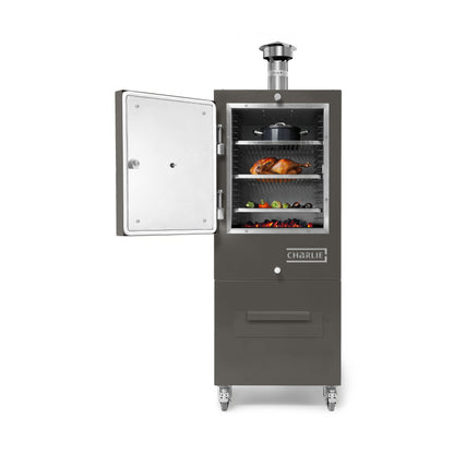 Smoker grill with open door showing food inside on a white background 