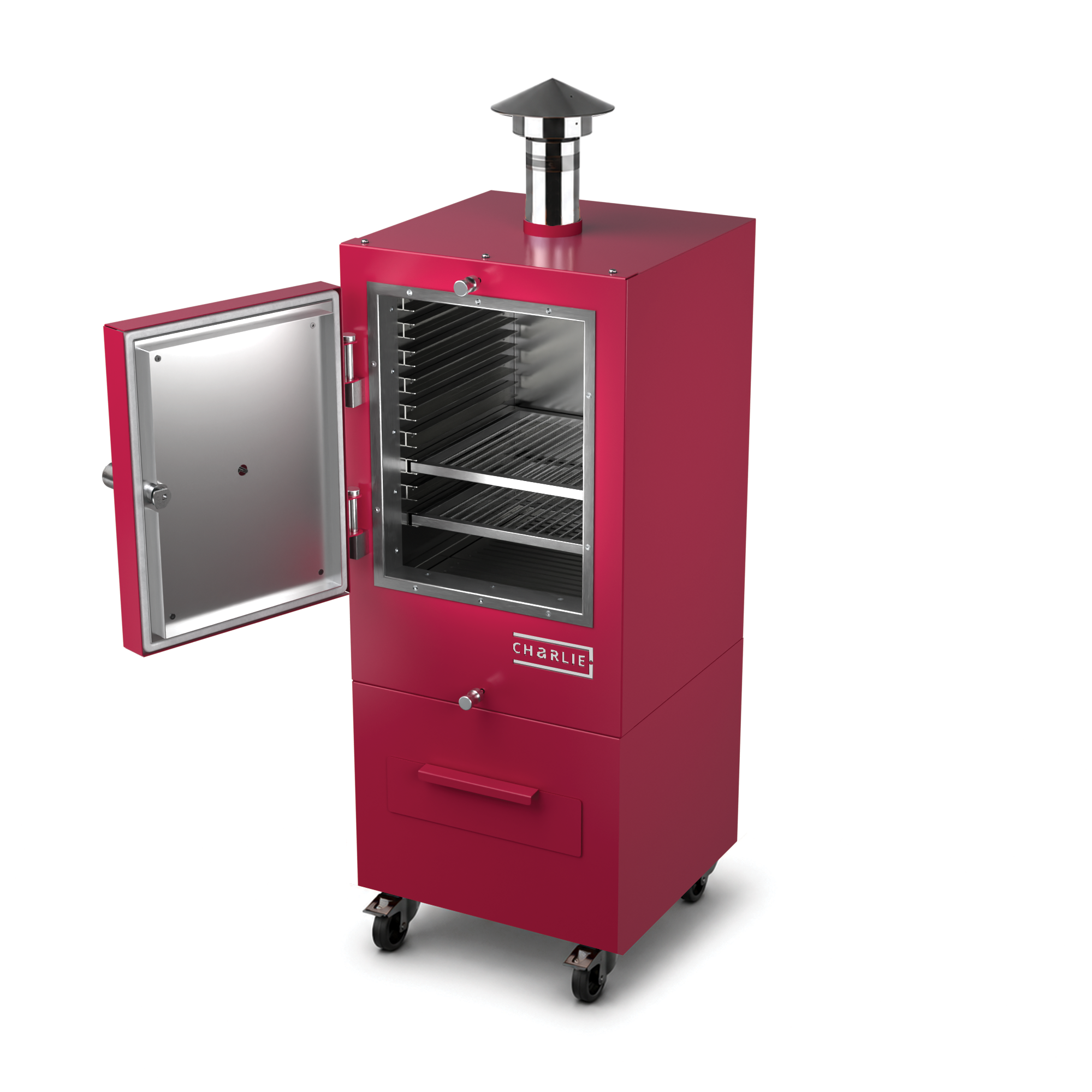 Charlie Charcoal Oven in rhubarb pink, angled view with the door open 