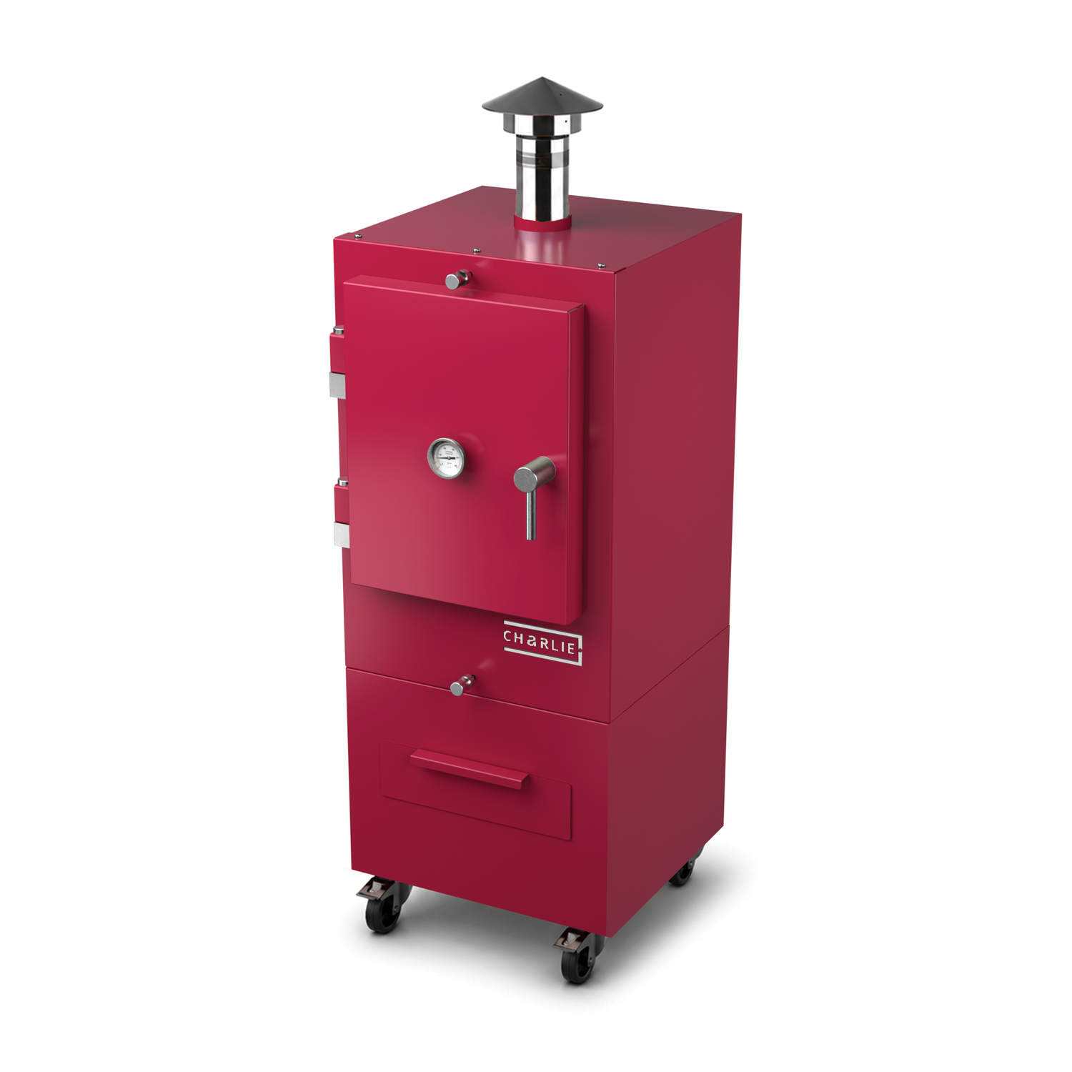 Charlie Charcoal Oven in rhubarb pink, angled view with the door closed 