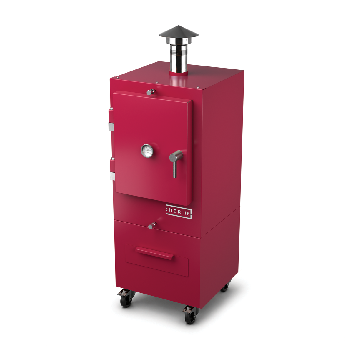 Charlie Charcoal Oven in rhubarb pink, angled view with the door closed 