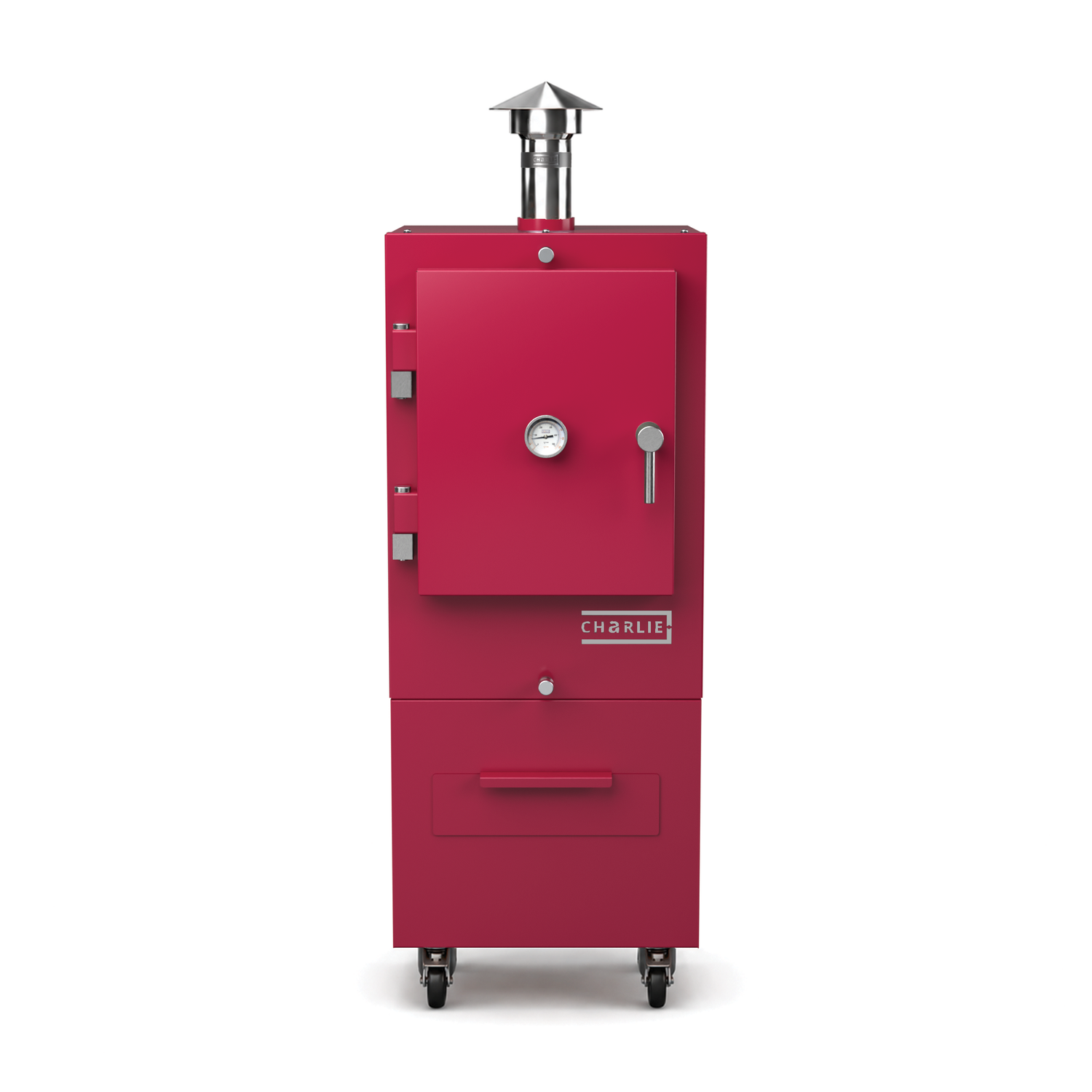 Charlie Charcoal Oven in rhubarb pink, front view with the door closed 