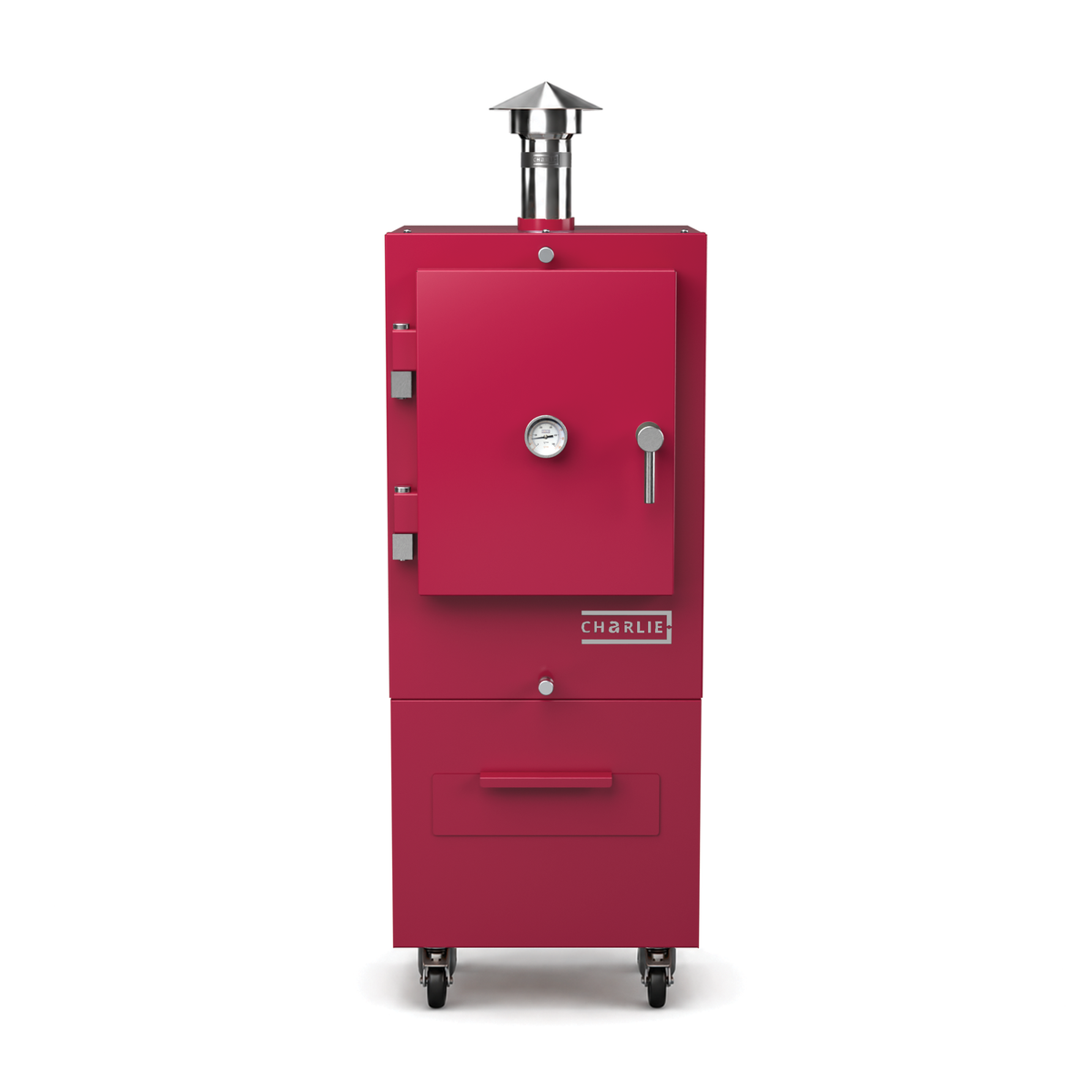 Charlie Charcoal Oven in rhubarb pink, front view with the door closed 